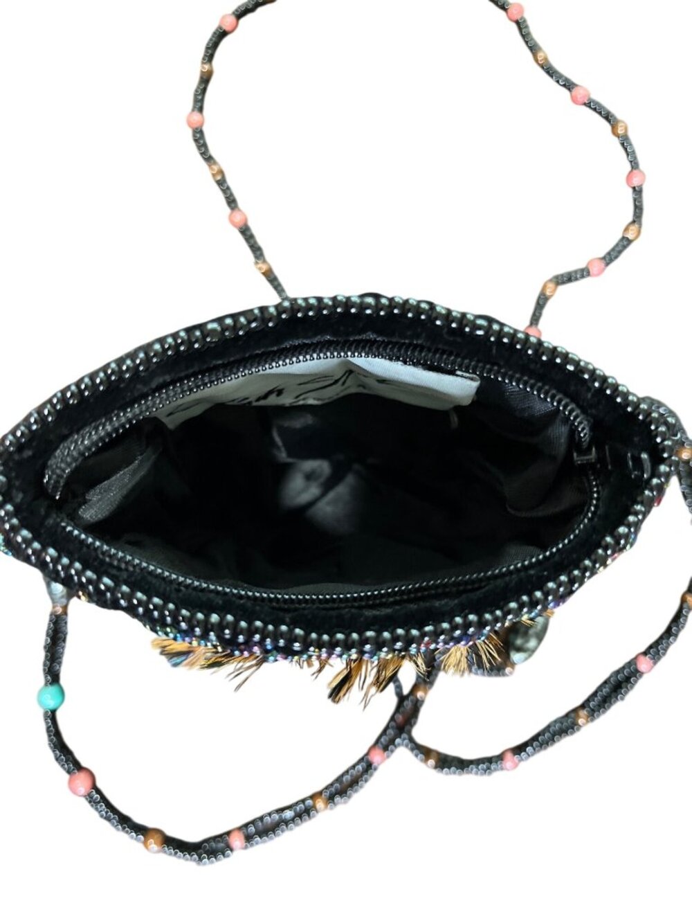 Vtg Linda Segal Black Velvet Beaded Mini Bag Feather & Bead Accent Boho 80s 90s - Picture 4 of 6